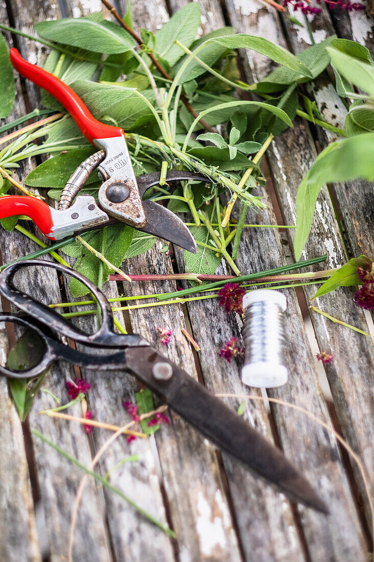 Garden tools, scissors, twine and cut leaves