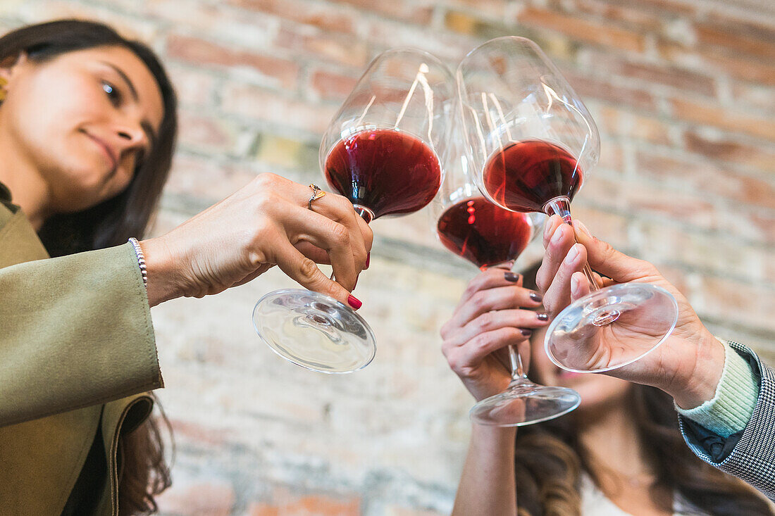 From below unrecognizable female friends in smart casual clothes clinking goblets of red wine and proposing toast against brick wall during meeting in restaurant