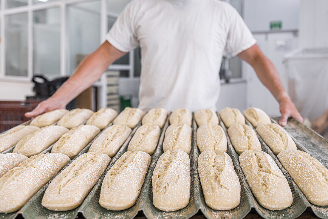 Crop unrecognizable male baker standing at table with abundance of baked bread loaves in baking molds during work in bakery