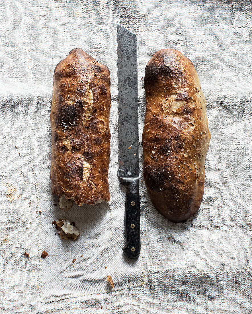 Rustic soul bread with bread knife