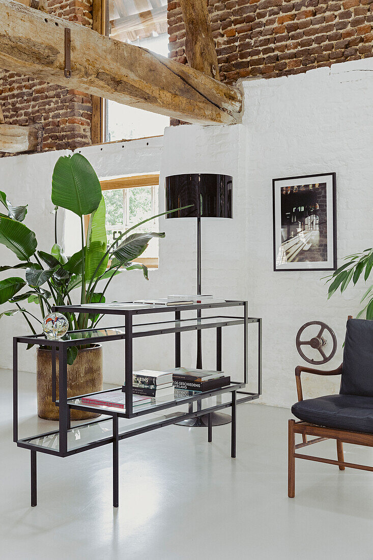 Sideboard in Industriestil, dahinter Zimmerpflanze in hellem Loft