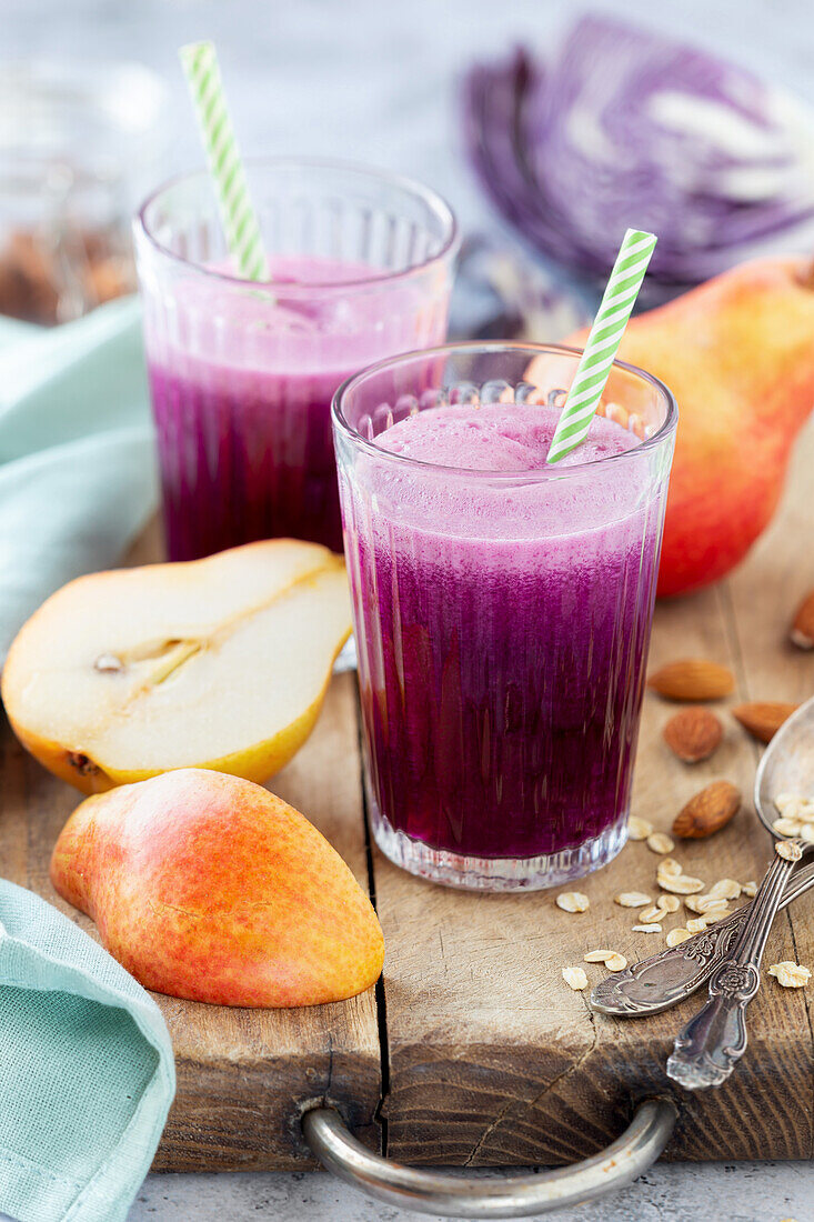 Healthy vegetable smoothie made of red cabbage and red barlett or Williams pears
