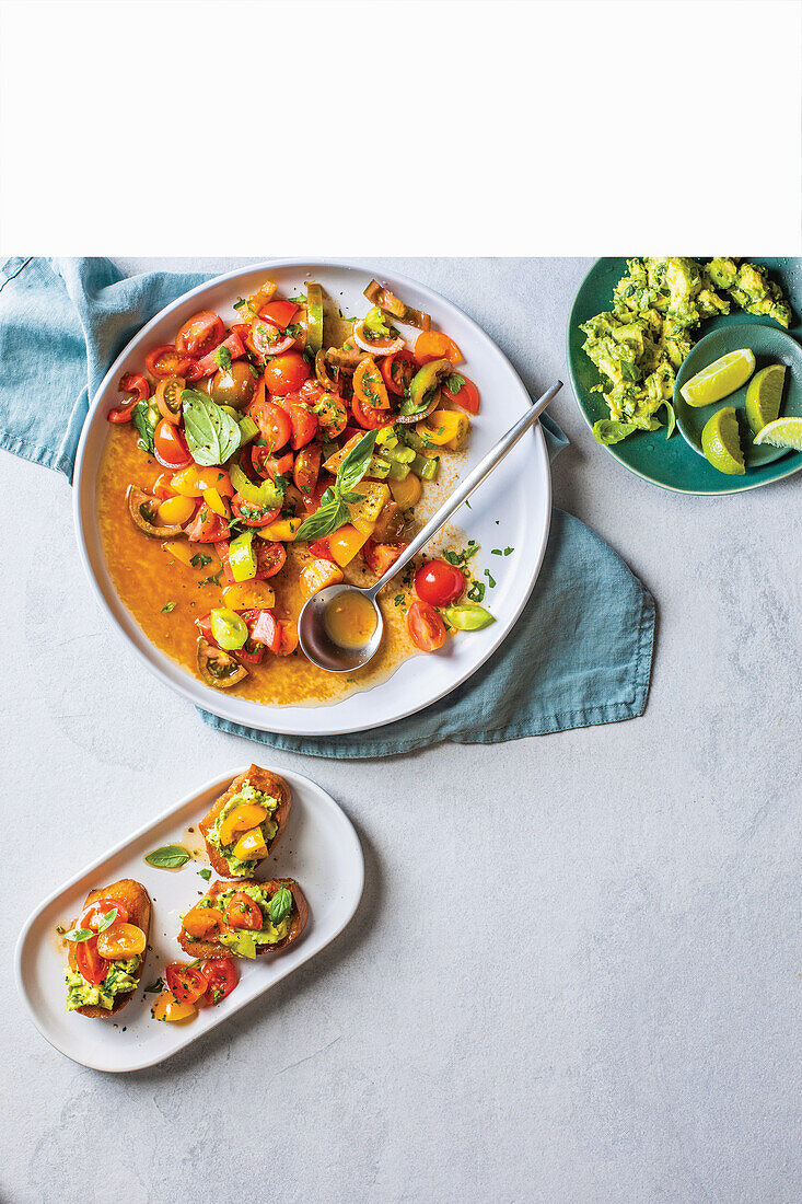 Medley tomato bruschetta with zesty smashed avocado