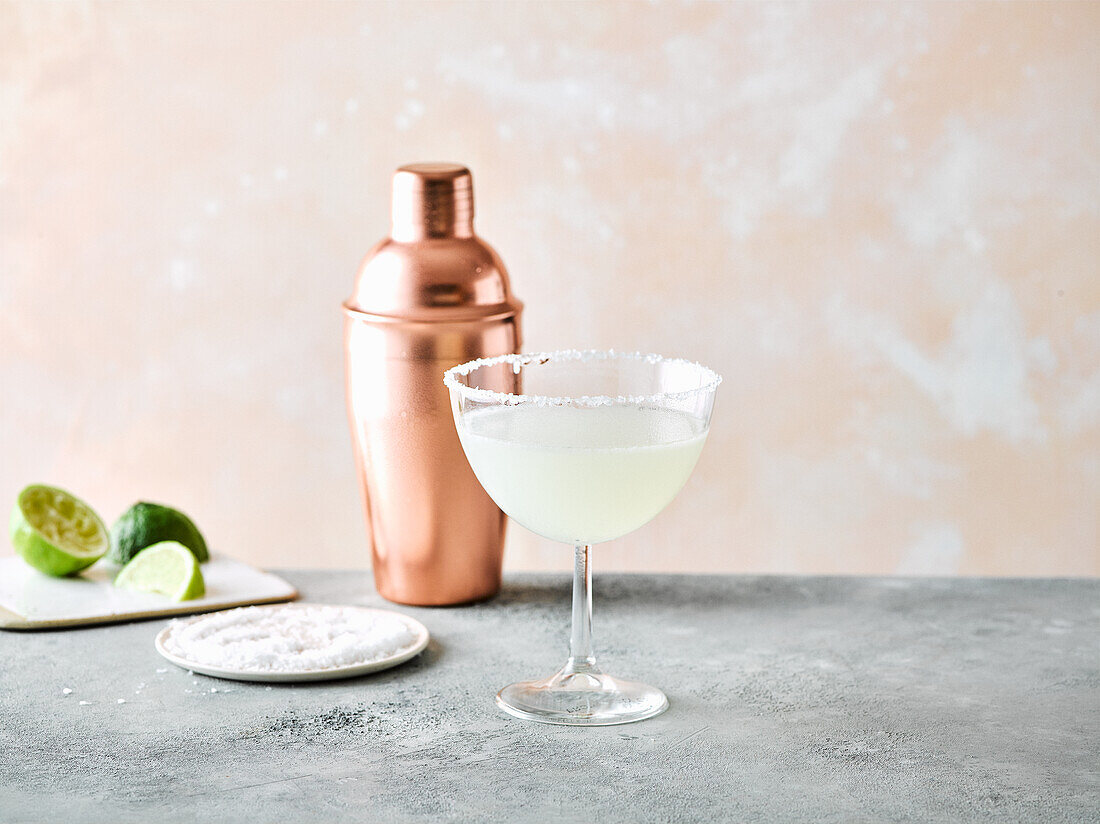 Margarita cocktail behind cocktail shaker
