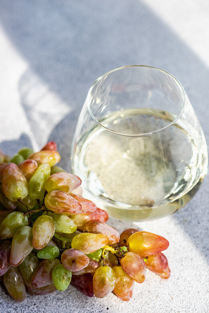White dry wine in glass and ripe grapes on grey background