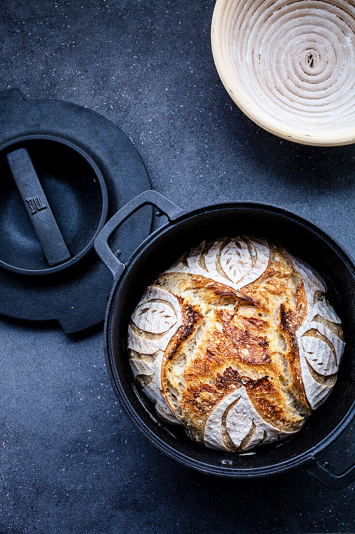 Homemade sourdough bread in a pot