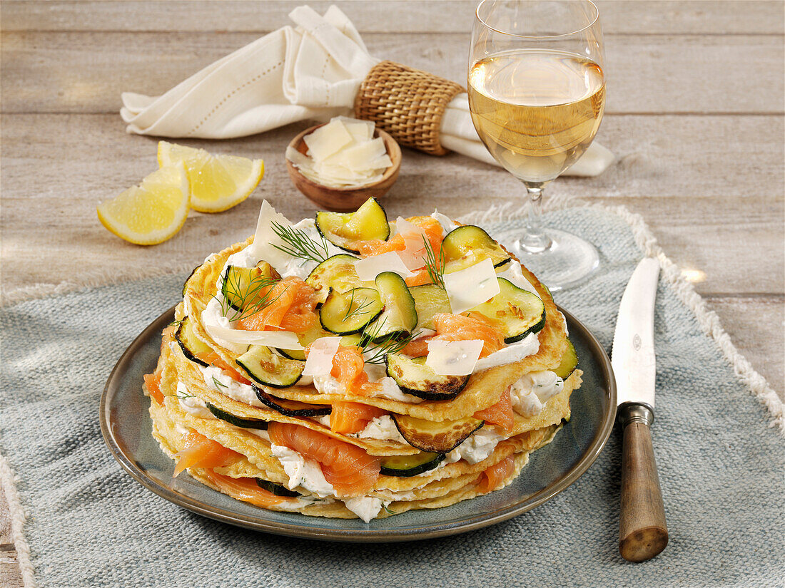 Pancake tart with salmon and zucchini