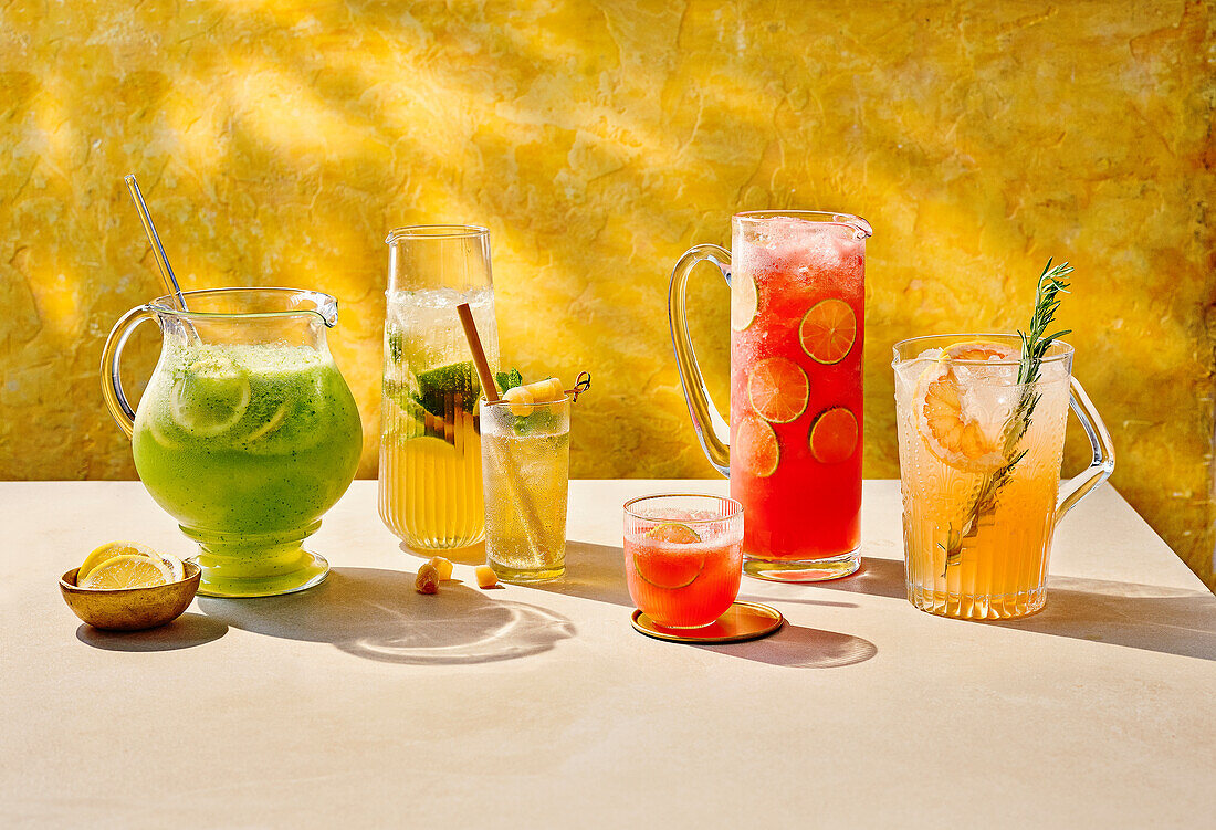 Cocktails (Wodka-Gurkenlimonade, Whisky-Ingwer-Drink, Wassermelonen-Litschi-Drink und Gin-Holunder-Drink)