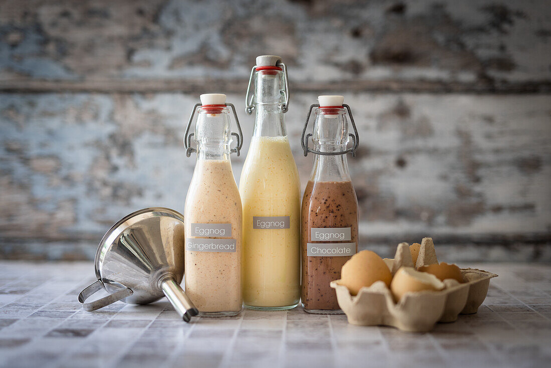 Different kinds of eggnog (vanilla, gingerbread, chocolate)