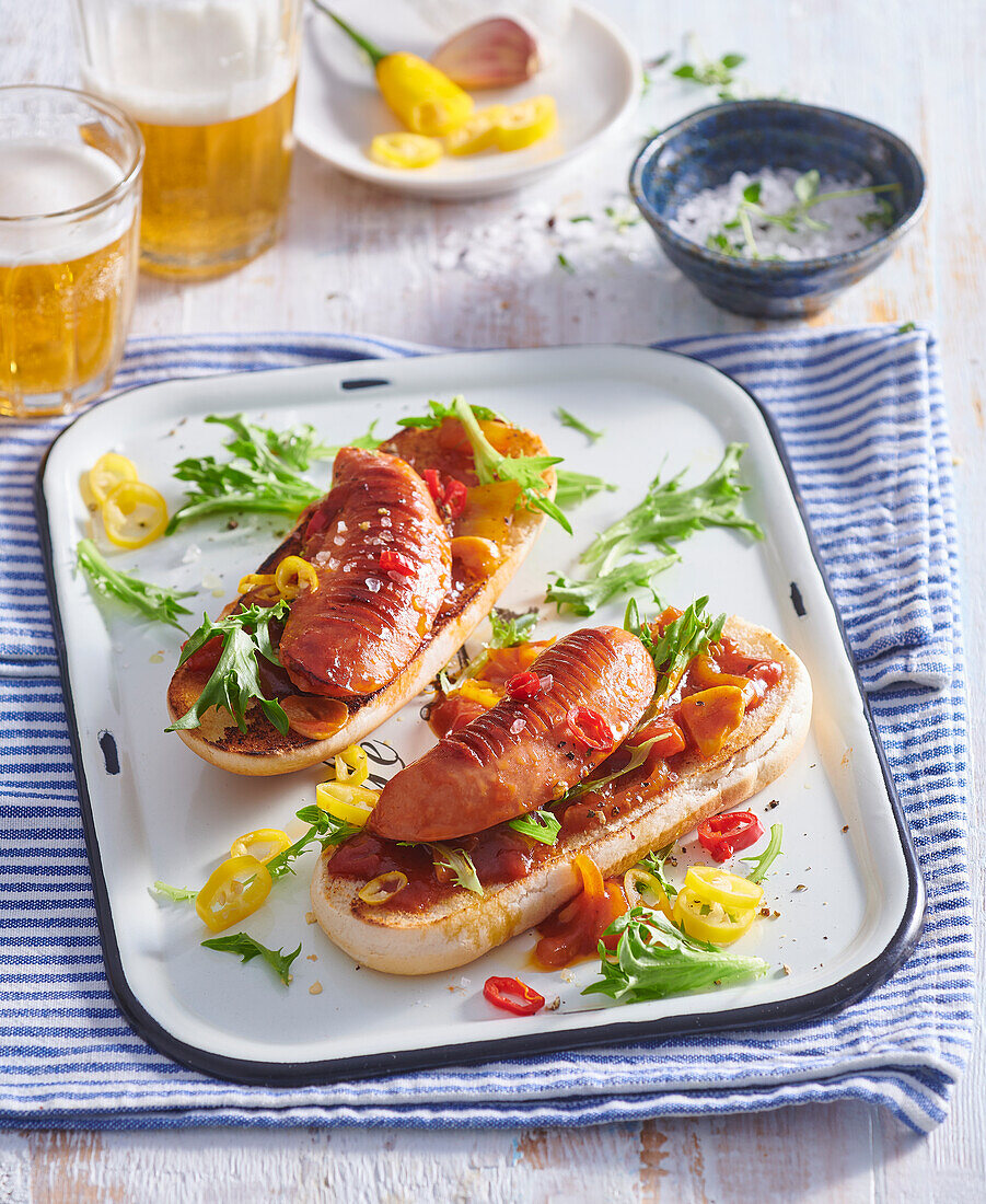 Beer Braised Sausages on a baguette