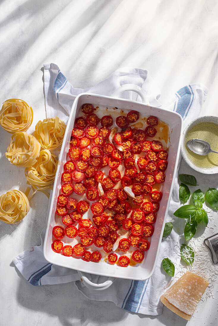 Roasted cherry tomatoes in a casserole dish