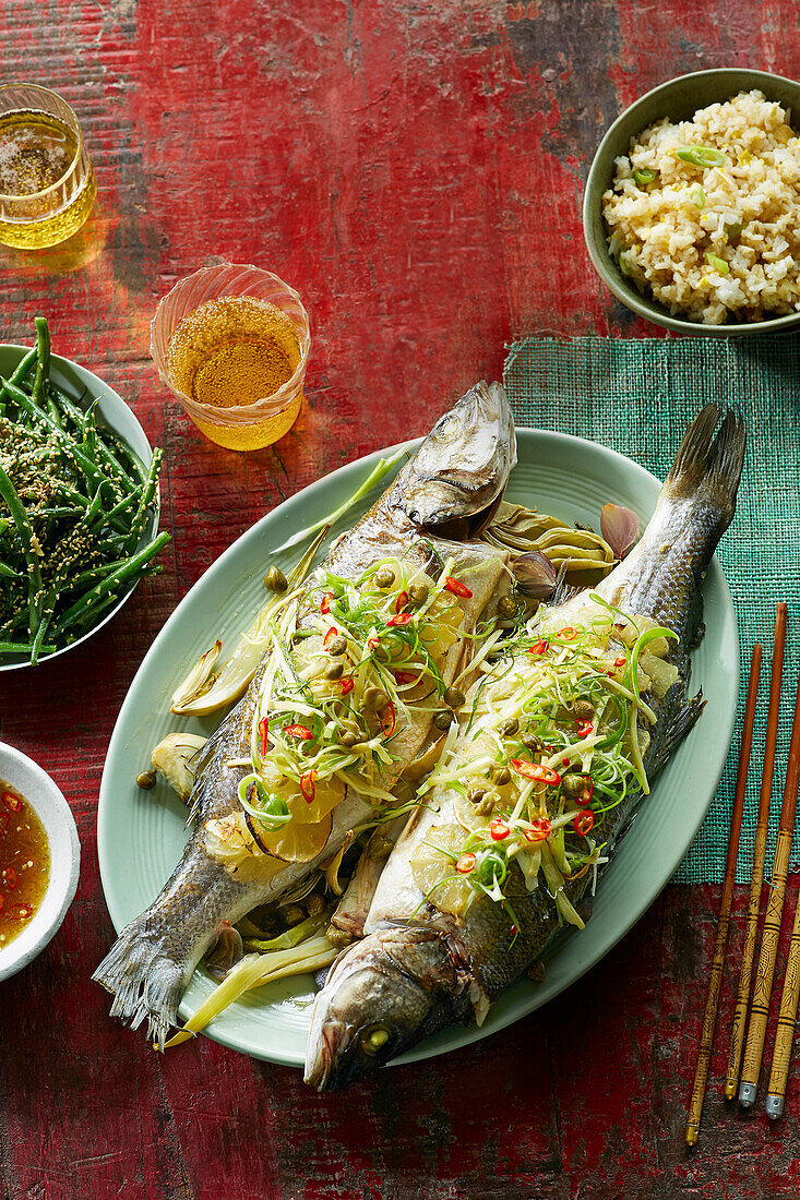 Fried sea bass with lime, ginger, and fennel