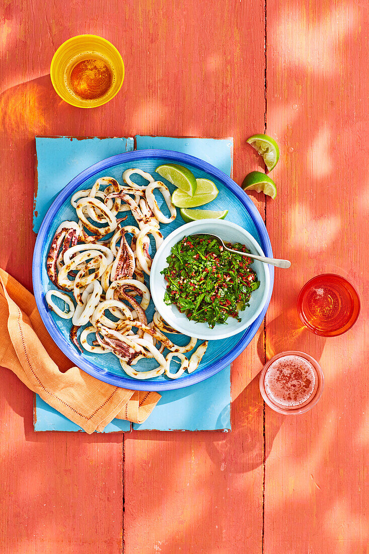 Grilled squid rings with chili and garlic (calamari)
