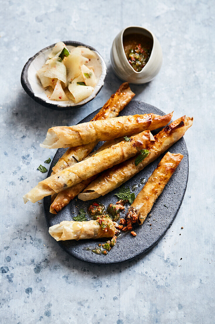 Carrot and cherry filo pastry rolls with a chimichurri dip and a melon salad