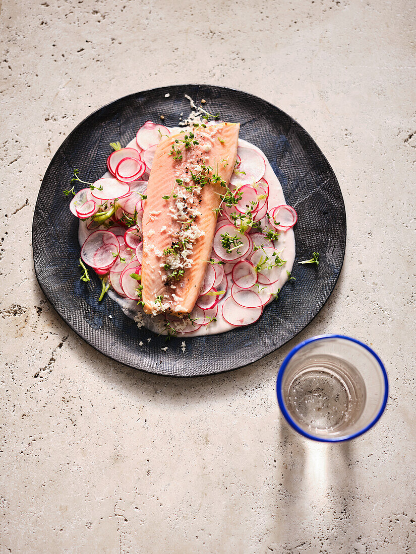 Home smoked trout on a radish salad