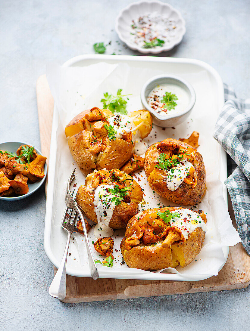 Stuffed baked potato with chanterelles and sour cream