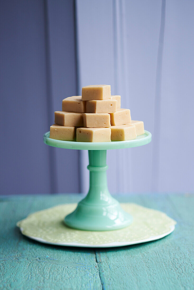 Vanilla fudge on vintage dessert stand