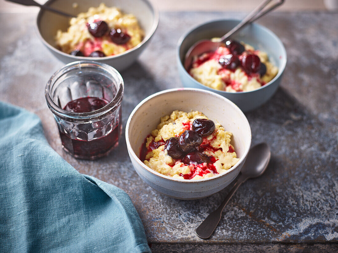 Baked rice pudding with cherry compote