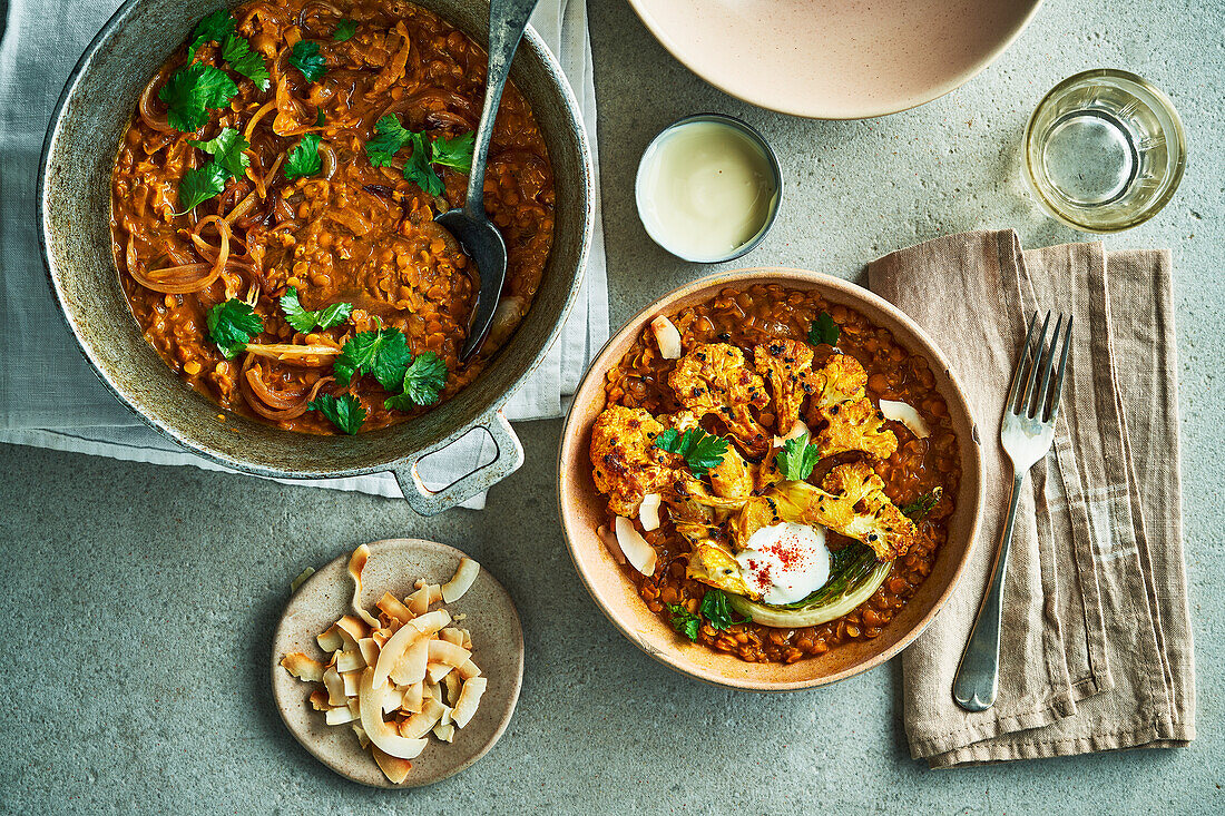 Spicy cauliflower steaks with coconut dal