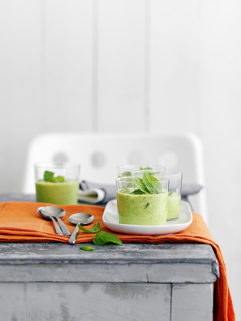 Cucumber and mint soup served in glasses
