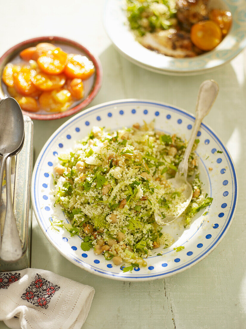 Moroccan Couscous with Zucchini, Roasted Onions, and Herbs