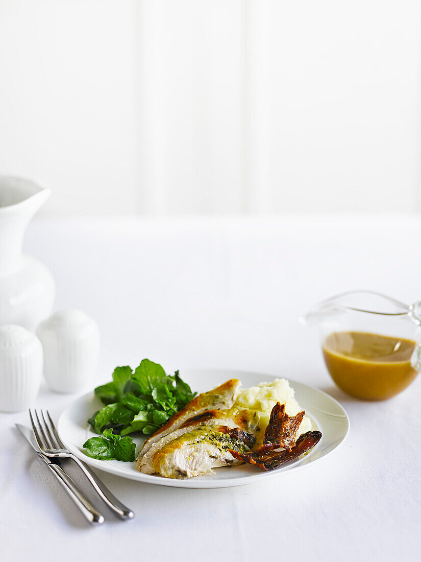 Fried guinea fowl with sage and lemon mashed potatoes