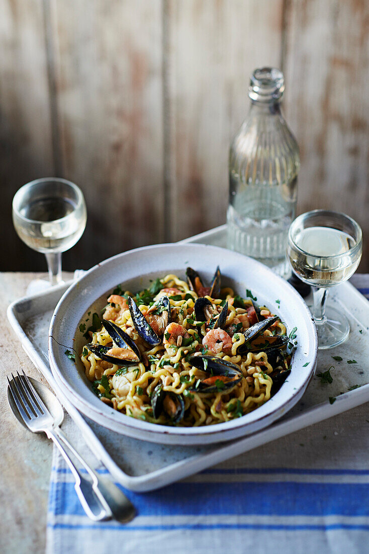 Fusilli Lunghi with seafood and saffron