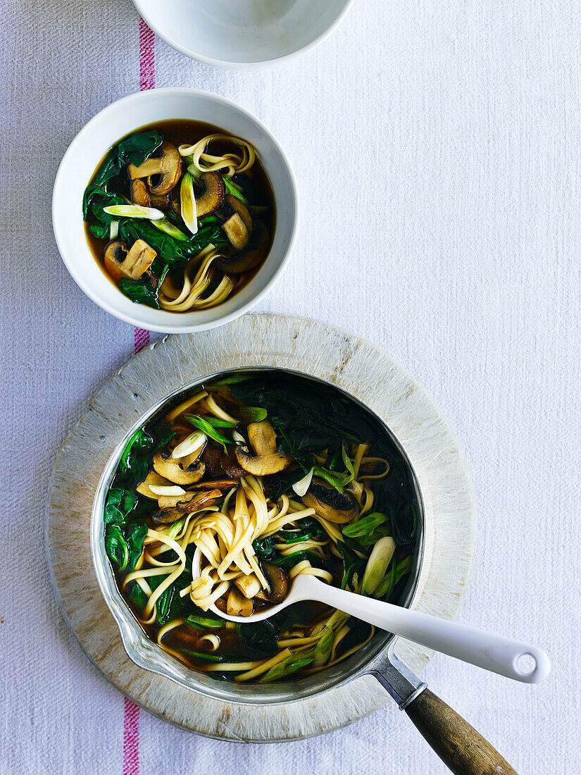 Udon-Nudelsuppe mit Spinat und Pilzen