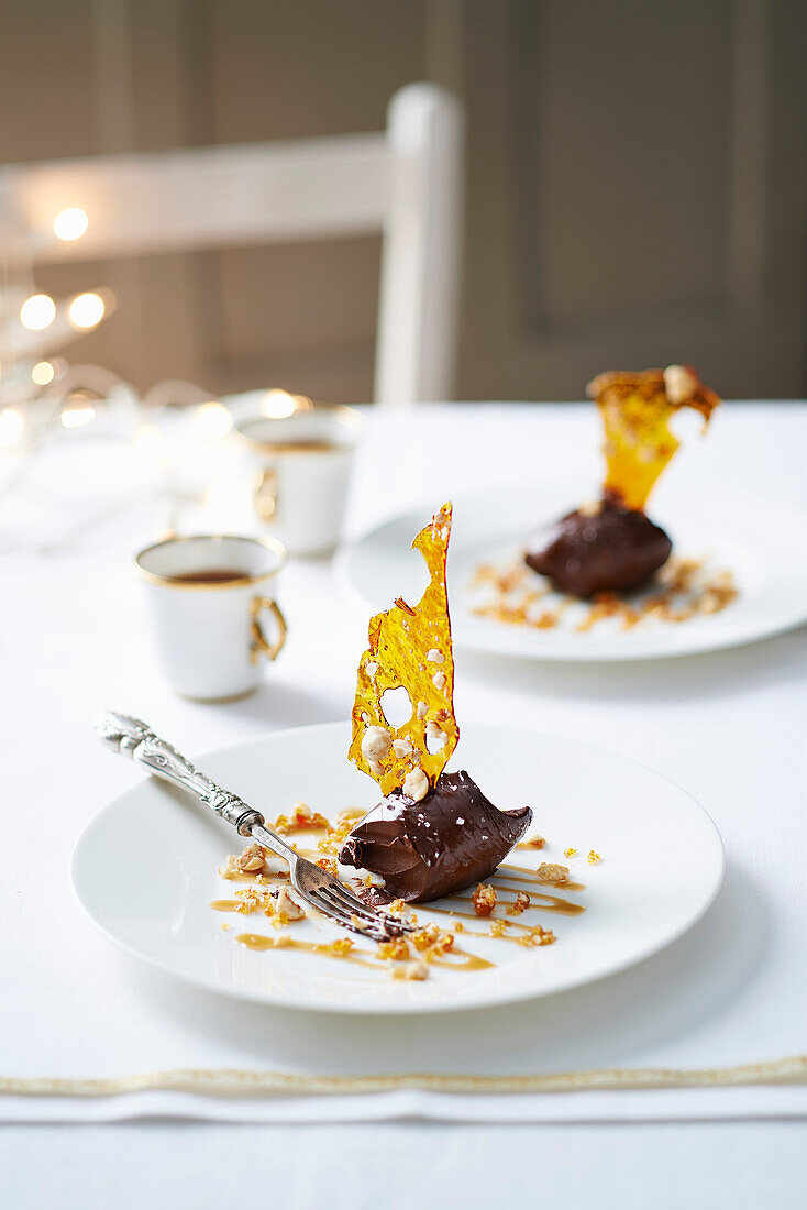 Chocolate ganache and salted caramel brittle