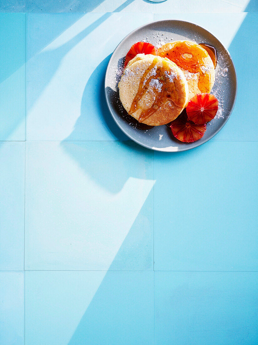 Souffle pancakes with Maple syrup and sliced blood oranges