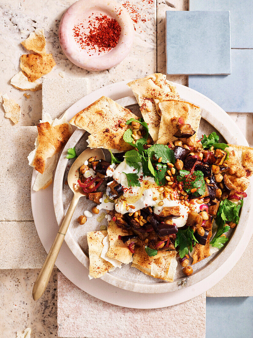 Spiced eggplant and chickpea fatteh