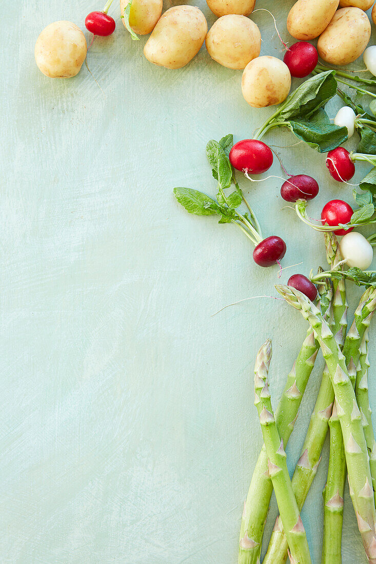 Frühlingsgemüse - grüner Spargel, Radieschen und neue Kartoffeln