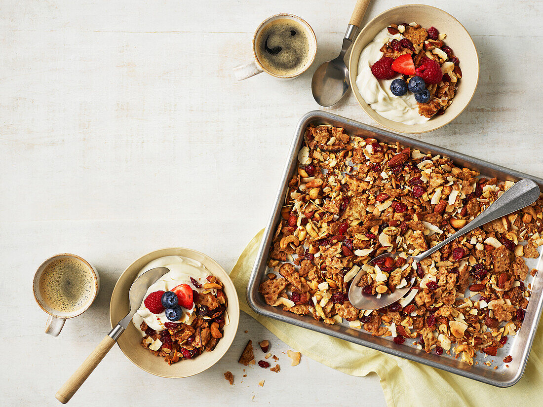 Homemade granola with coconut, cashew and cranberries