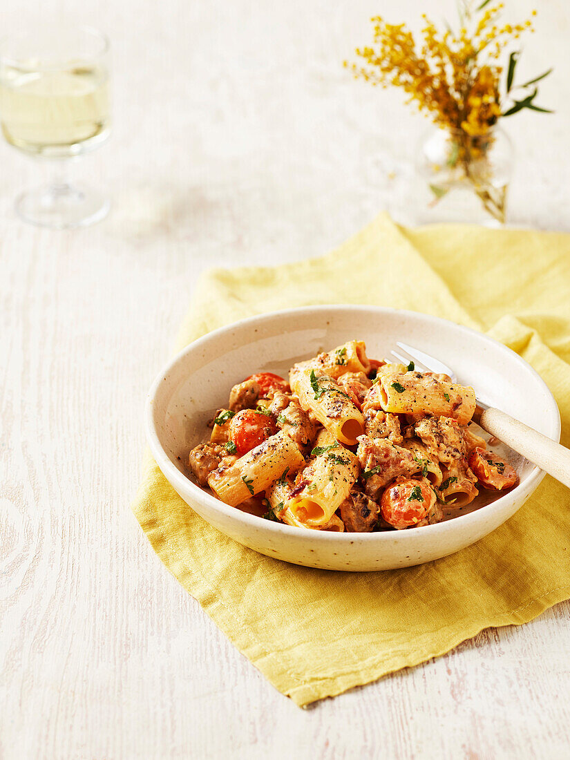 Creamy rigatoni with sausage and harissa