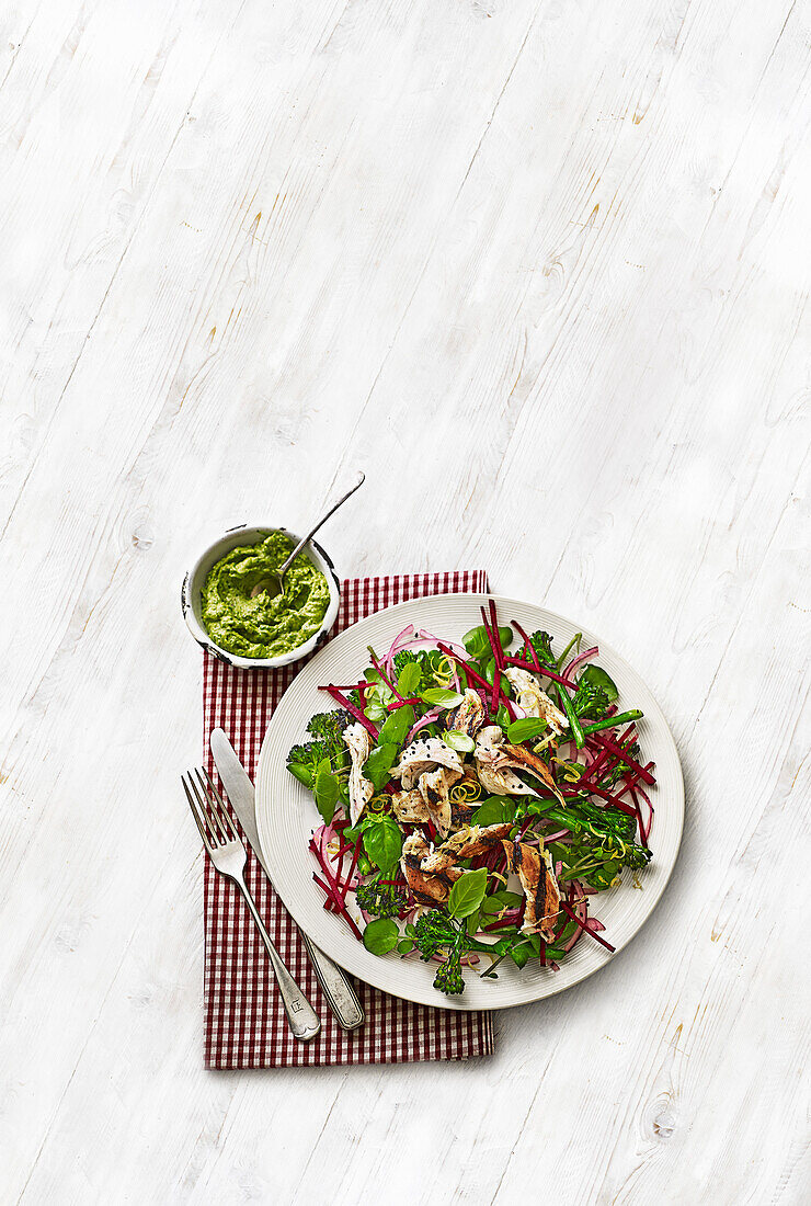 Chicken, broccoli and beetroot salad with avocado pesto