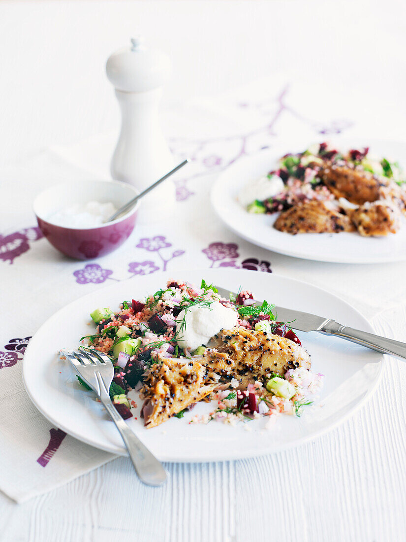 Smoked mackerel with herb and beetroot couscous