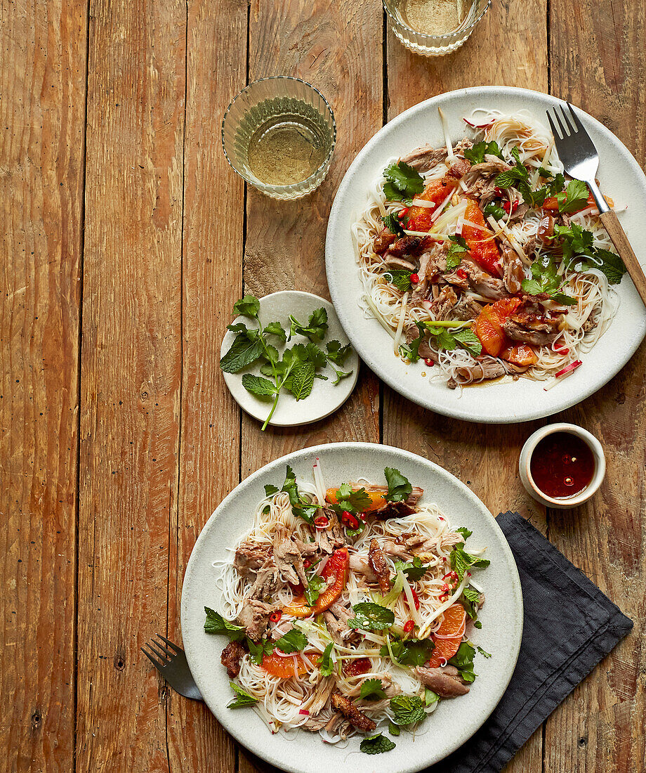Crispy rice noodle salad with duck and blood oranges