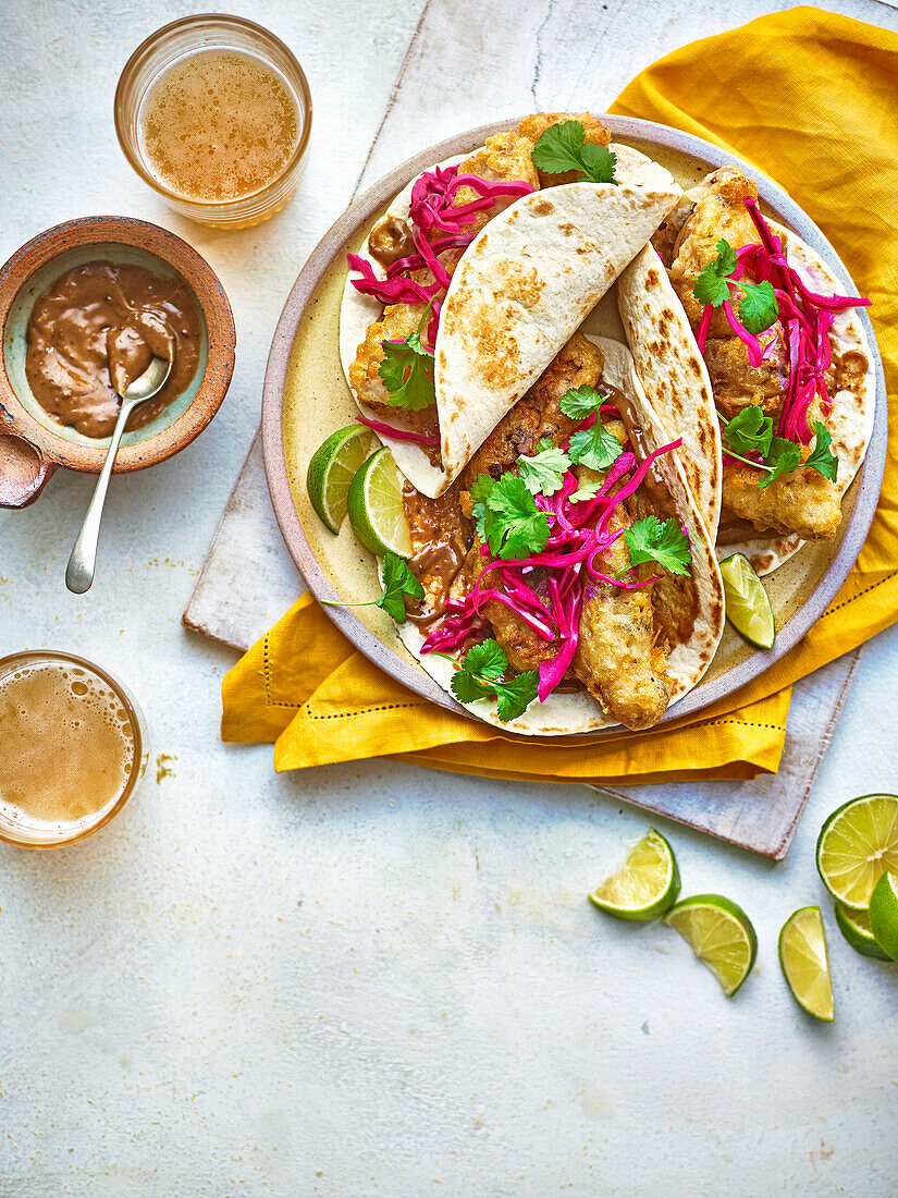 Baja fish tacos with black garlic and lime