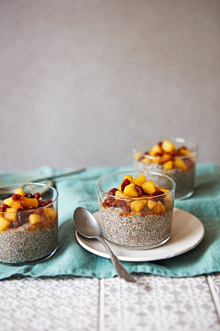 Chia pudding with apple compote and raisins