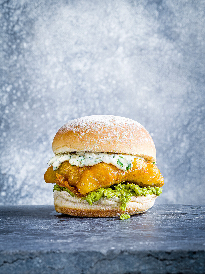 Cod burger with remoulade and guacamole