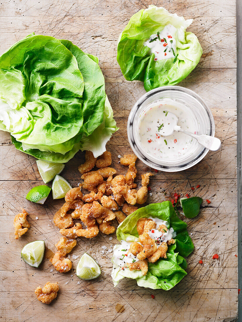 Lettuce wraps with popcorn and prawns