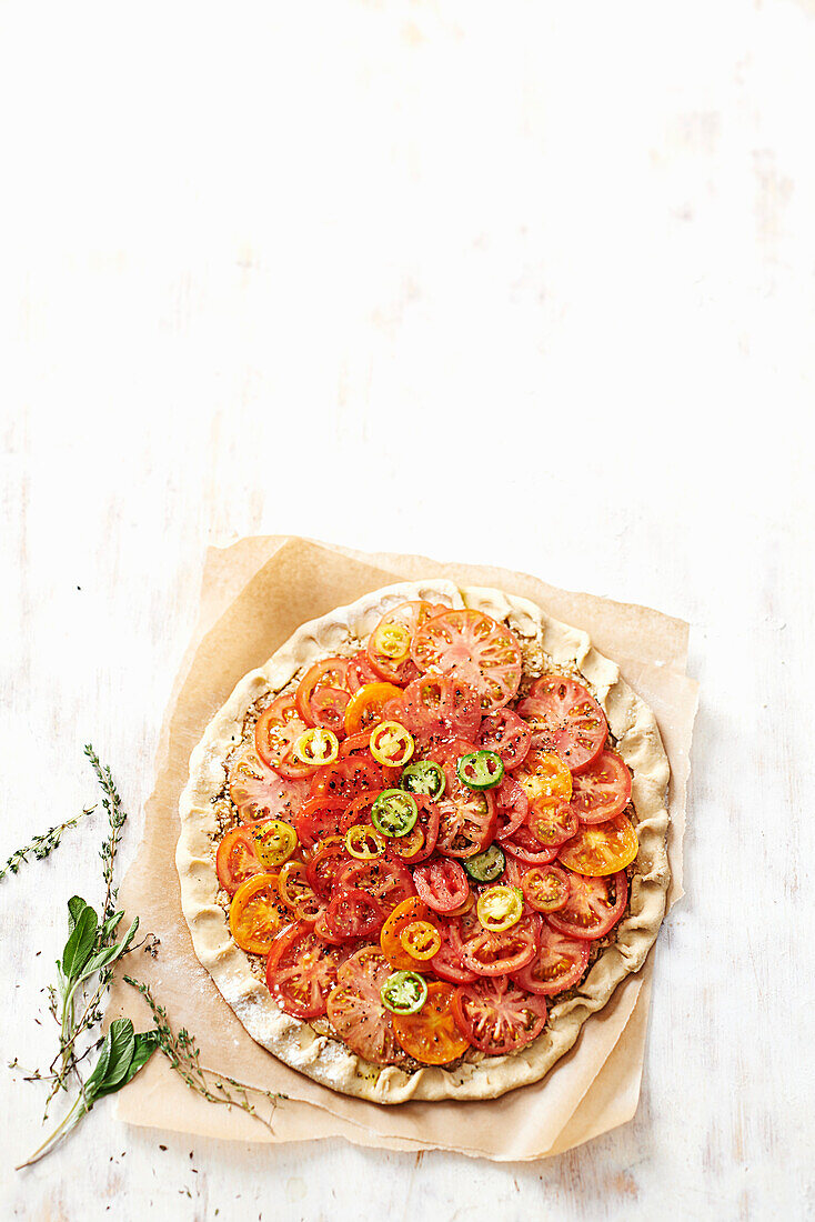 Tomato tart with roasted tomatoes and a double cheese crust
