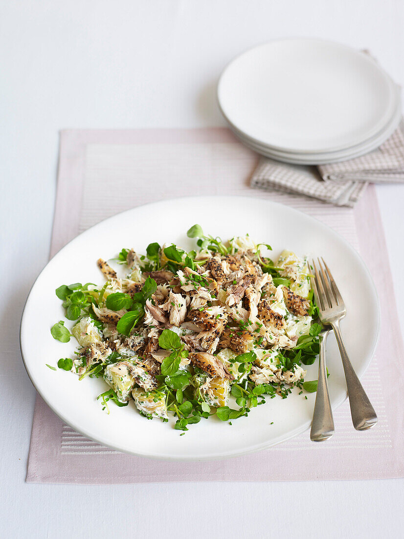 Pfeffermakrelensalat mit neuen Kartoffeln und Brunnenkresse