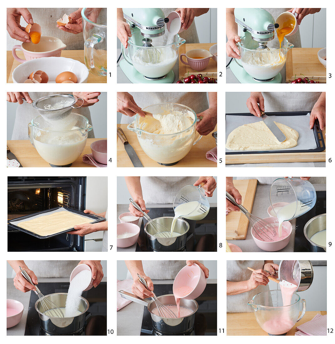 Preparing biscuit cake roof with cherries