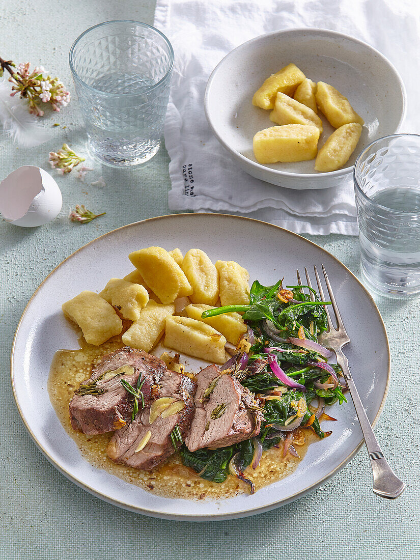Roast lamb with spinach and potato gnocchi