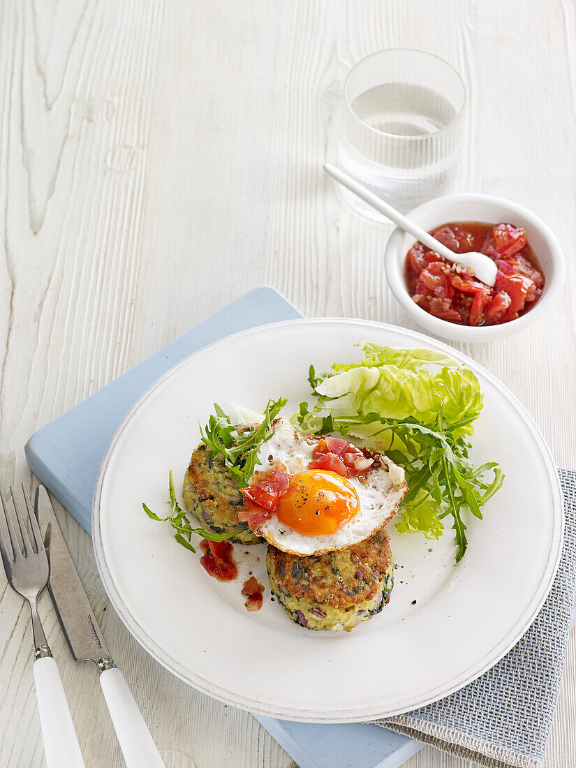 Bulgur spinach fritters with fried eggs and tomato chutney