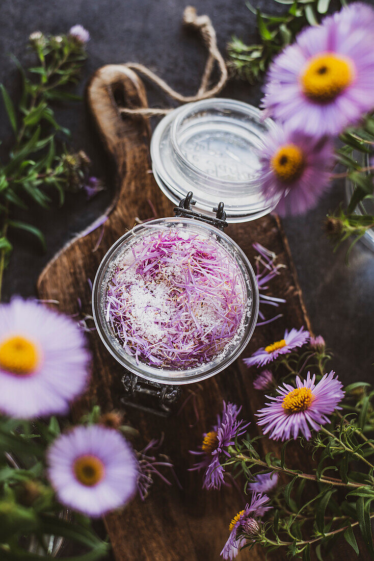 Bath salts with Michaelmas daisies