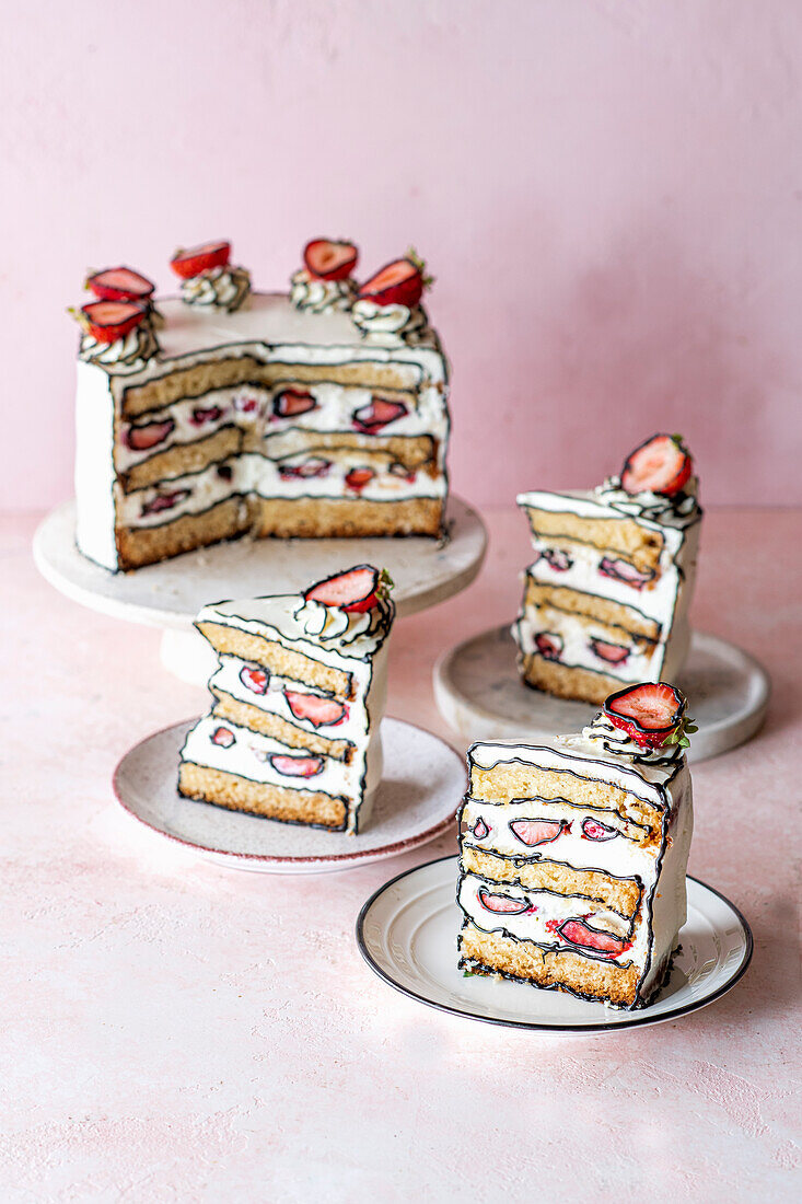 Comic-Kuchen mit Frischkäse und Erdbeeren