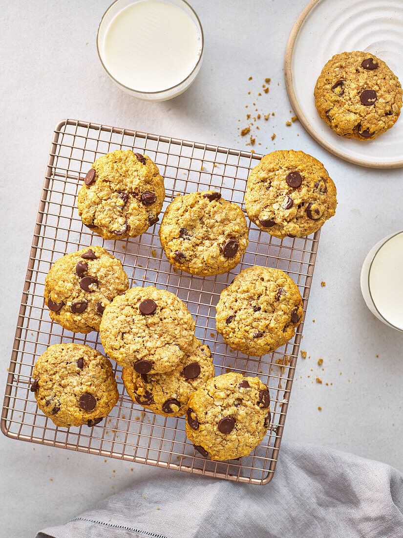 Healthy chocolate chip cookies on a cooling rack