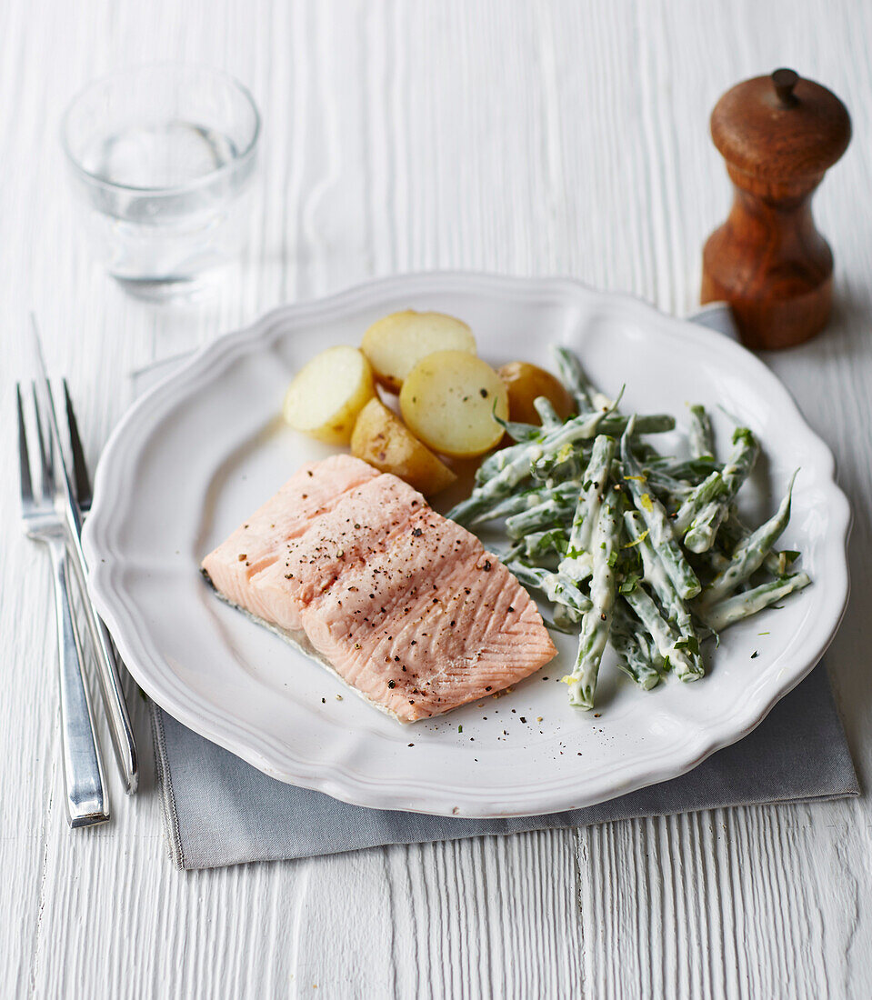 Poached salmon with tarragon, green beans, and potatoes